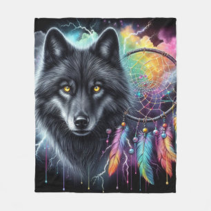 Schwarzer Wolf-Traumfänger Kosmischer Sturm Fleecedecke