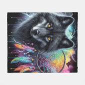 Schwarzer Wolf-Traumfänger Kosmischer Sturm Fleecedecke (Vorderseite (Horizontal))