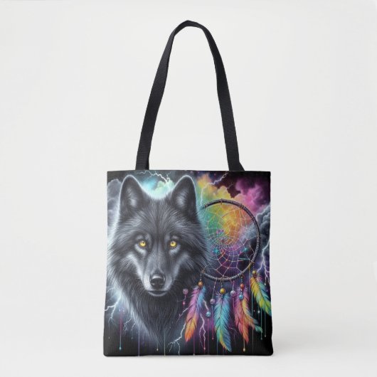 Schwarzer Wolf-Traumfänger Kosmischer Sturm Tasche (Vorderseite)