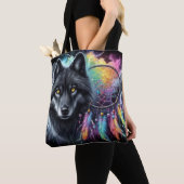 Schwarzer Wolf-Traumfänger Kosmischer Sturm Tasche (Von Nahem)