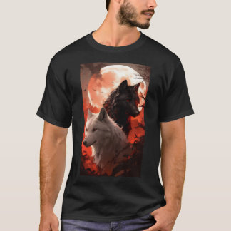 Schwarzer Wolf und Weißer Wolf Porträt vom Roten M T-Shirt