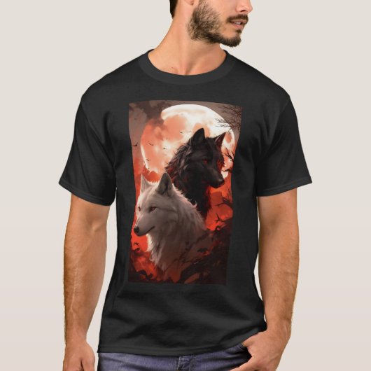 Schwarzer Wolf und Weißer Wolf Porträt vom Roten M T-Shirt (Vorderseite)