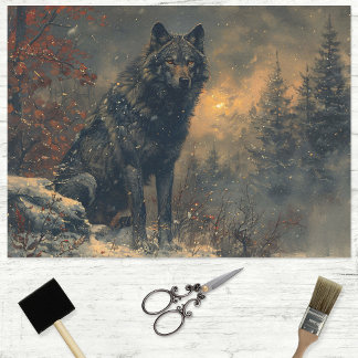 Schwarzer Wolf während der Wintermalerei Dekoupage Seidenpapier