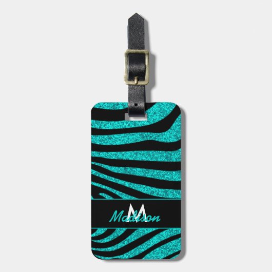 Schwarzer Zebra Streifen Name Aquamariner Glitzer Gepäckanhänger (Vorderseite vertikal)