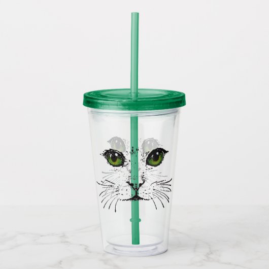 Schwarzer Zeichn von Cat Face Whiskers Green Eyes Acryltrinkbecher (Vorderseite)