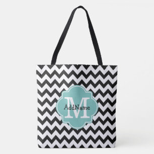 Schwarzer Zickzack Aqua-Monogramm und Personalisie Tasche