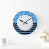 Schwarzer Zickzack Blauer Imitat Glitzer Große Wanduhr (Zuhause)