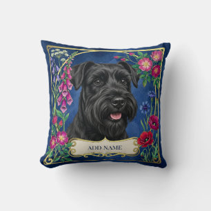 Schwarzer Zwergschnauzer auf blauem Kissen