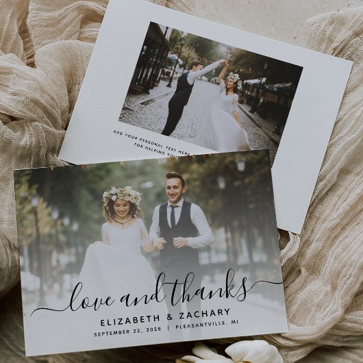 Schwarzes 2-Foto-Script-Hochzeit Dankeskarte