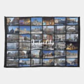 Schwarzes 36-Foto-Collage-Raster-Reise-Custom Geschirrtuch (Horizontal)