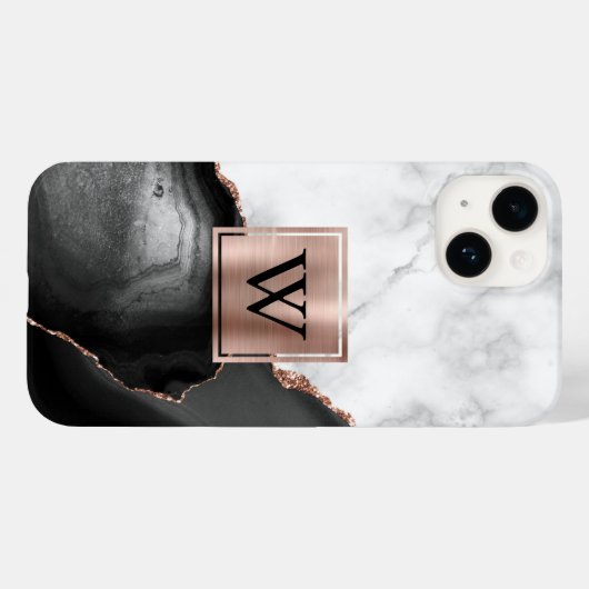 Schwarzes Agate Rose Goldweißes Marmormonogramm Case-Mate iPhone Hülle (Rückseite (Horizontal))