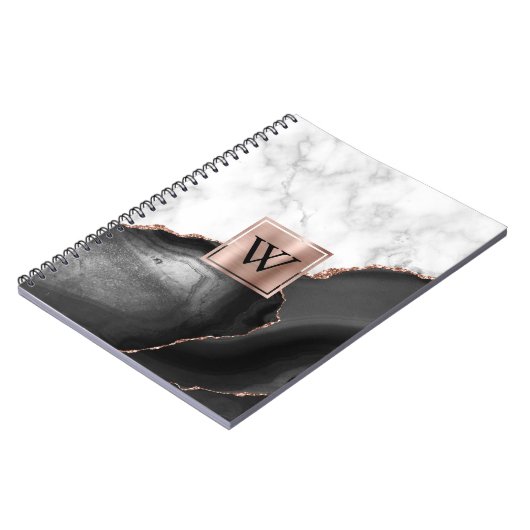 Schwarzes Agate Rose Goldweißes Marmormonogramm Notizblock (Linke Seite)