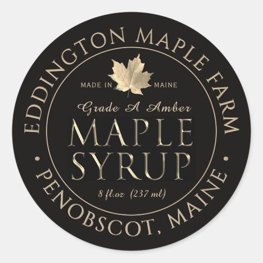 Schwarzes Ahornsirup-Etikett mit Goldapfelleaf Runder Aufkleber (Vorderseite)