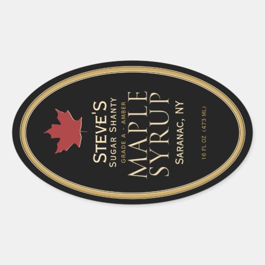 Schwarzes Ahornsirup-Etikett mit rotem Leaf Ovaler Aufkleber (Vorderseite)