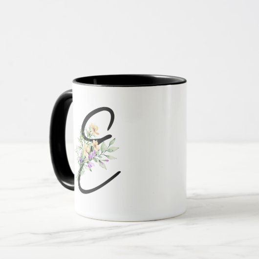 Schwarzes Anfangsskript "E" Wasserfarben Blume Gir Tasse (Vorderseite Links)