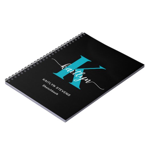 Schwarzes Aquamarines Monogramm-Sketchbook Notizblock (Linke Seite)