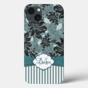 Schwarzes, aquamarines, weißes Blumenmonogramm Case-Mate iPhone Hülle