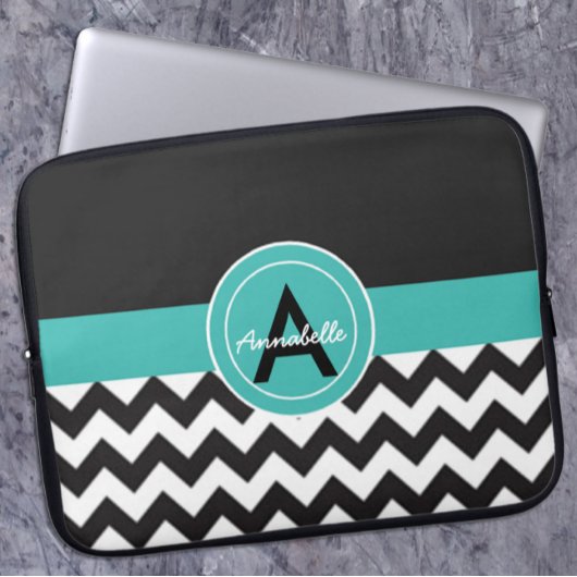 Schwarzes aquamarines Zickzack Laptopschutzhülle