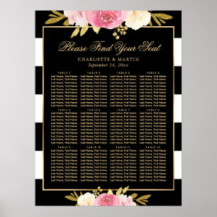 Schwarzes Aquarell Blumenstempel Hochzeitsdiagramm Poster