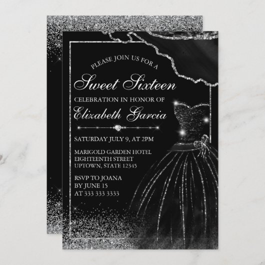 Schwarzes Aquarellkleid & Silberglanzkleid Sweet 1 Einladung (Vorne/Hinten)