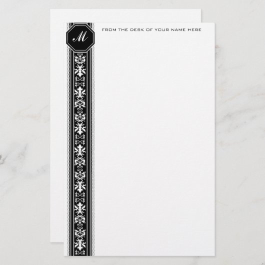 Schwarzes Arabeske-Monogramm-Briefpapier Briefpapier (Vorne/Hinten)