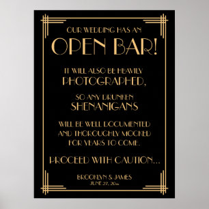 Schwarzes Art Deco Gold Gatsby Open Bar Schild 18x