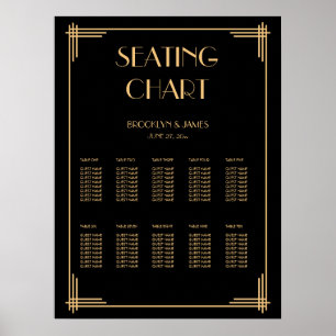 Schwarzes Art Deco Hochzeitsdiagramm Poster 18x24