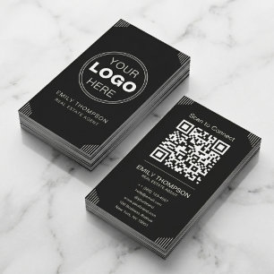 Schwarzes Art Deco Minimal QR Kontakt Design Visitenkarte