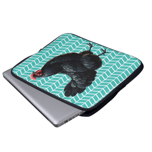 Schwarzes Australorp-Hühnchen im Zickzack Hintergr Laptopschutzhülle (Vorne Knopf)