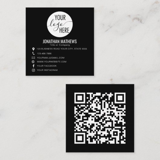 Schwarzes Basic Professional Firmenlogo QR-Code Quadratische Visitenkarte (Vorne/Hinten)