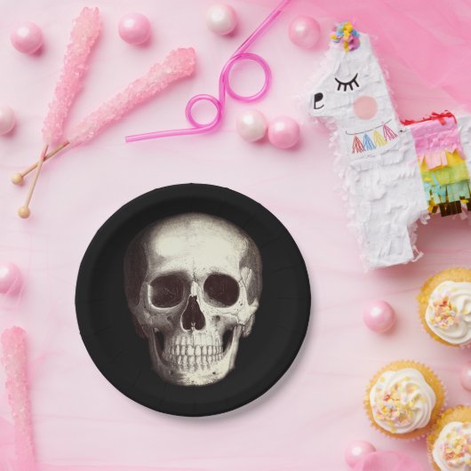Schwarzes Beängstigendes Schädelerull Halloween Pappteller (Party)