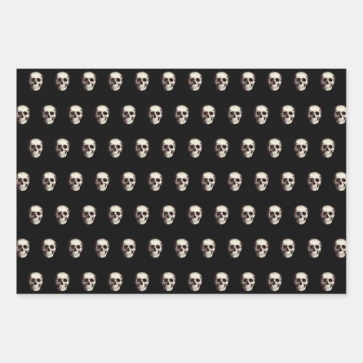 Schwarzes Beängstigendes Schädelmuster Halloween Geschenkpapier Set (Vorderseite)