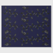 Schwarzes Blatt-Blumenrebe-Muster auf Marine-Blau Geschenkpapier (Flach)