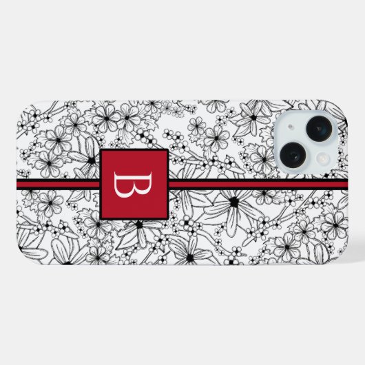 Schwarzes Blatt, handgezeichnet, floralweiß und Mo iPhone Hülle (Rückseite (Horizontal))