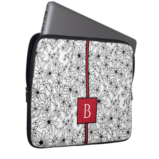 Schwarzes Blatt, handgezeichnet, floralweiß und Mo Laptopschutzhülle (Vorne Rechts)