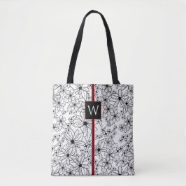 Schwarzes Blatt, handgezeichnet, floralweiß und Mo Tasche