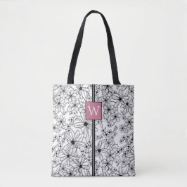 Schwarzes Blatt, handgezeichnet, floralweiß und Mo Tasche