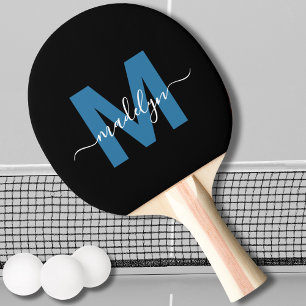 Schwarzes Blau Elegantes Schriftzug-Monogramm Tischtennis Schläger