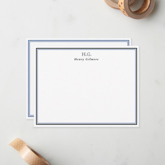 Schwarzes Blau Mit Monogramm Mitteilungskarte (Vorderseite/Rückseite Beispiel)