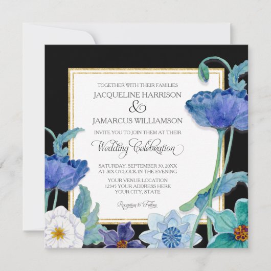 Schwarzes Blau, Weiß, Blumenmohn Einfach Einladung (Vorderseite)