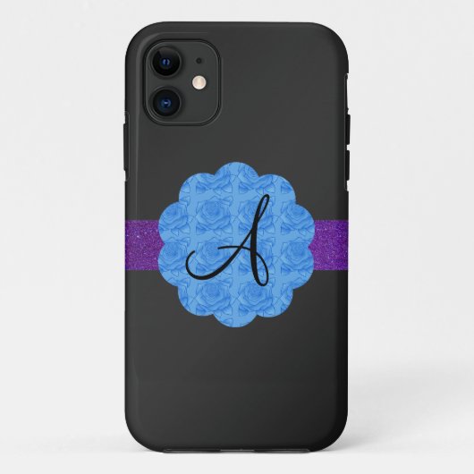 Schwarzes blaues Rosenmonogramm Case-Mate iPhone Hülle (Rückseite)