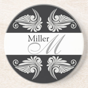 Schwarzes blüht Hochzeits-Jahrestags-Monogramm Sandstein Untersetzer