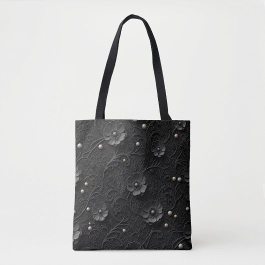 Schwarzes Blumen-Spitzen-Outfit mit Perlen Tasche (Vorderseite)