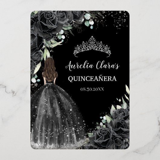 Schwarzes Blumenkleid Quinceañera Quince 15 XV Sil Folieneinladung (Rückseite)