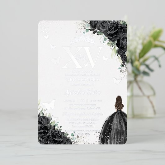 Schwarzes Blumenkleid Quinceañera Quince 15 XV Sil Folieneinladung (Stehend vorne)