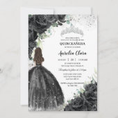 Schwarzes Blumenkleid Silver Quinceañera Sweet 16 Einladung (Vorderseite)
