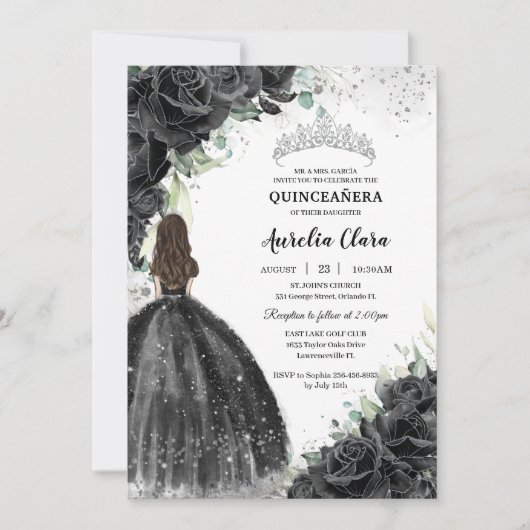 Schwarzes Blumenkleid Silver Quinceañera Sweet 16 Einladung (Vorderseite)