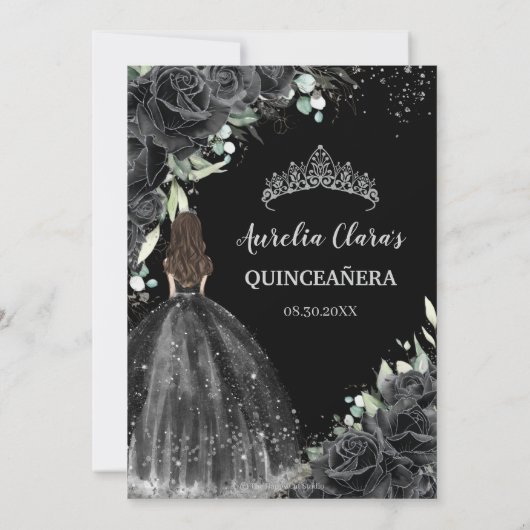 Schwarzes Blumenkleid Silver Quinceañera Sweet 16 Einladung (Rückseite)
