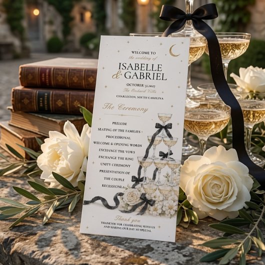 Schwarzes Bogen Champagner-Turm Hochzeitsprogramm  Menükarte