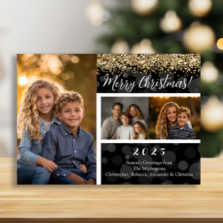 Schwarzes Bokeh Gold Glitter 3-Foto Frohe Weihnach Feiertagskarte